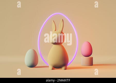 Happy Easter Grußkarte Pastelltöne Hase Lila Neonei 3D-Rendering. Moderner, kreativer, minimalistischer Stil. Modernes Design für Partyeinladungen. Also Stockfoto