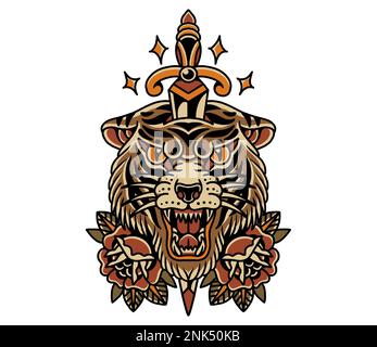 Traditionelles Tattoo inspiriert von der alten Schule cooles Grafikdesign Illustration Tigerkopf mit Schwert und Rosen in Farbe Stockfoto