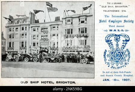 Das International Hotel belegt den dritten jährlichen Ball im Old Ship Hotel in Brighton England, eine alte Postkarte aus dem Jahr 1907 Stockfoto