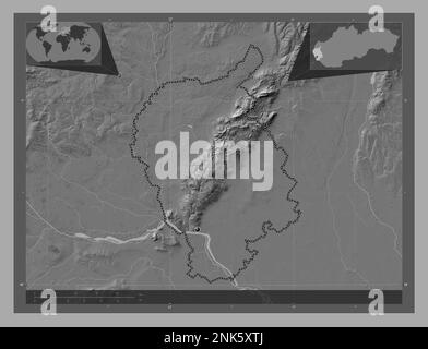 Bratislavsky, Region der Slowakei. Bilevel-Höhenkarte mit Seen und Flüssen. Eckkarten für zusätzliche Standorte Stockfoto