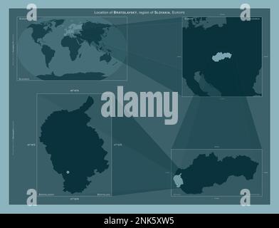 Bratislavsky, Region der Slowakei. Diagramm, das die Position der Region auf Karten mit größerem Maßstab zeigt. Zusammensetzung von Vektorrahmen und PNG-Formen auf einem so Stockfoto