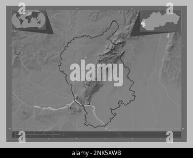 Bratislavsky, Region der Slowakei. Grauskala-Höhenkarte mit Seen und Flüssen. Eckkarten für zusätzliche Standorte Stockfoto