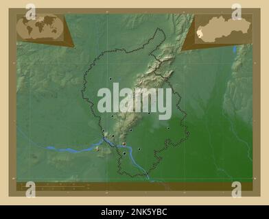 Bratislavsky, Region der Slowakei. Farbige Höhenkarte mit Seen und Flüssen. Standorte der wichtigsten Städte der Region. Eckkarten für zusätzliche Standorte Stockfoto