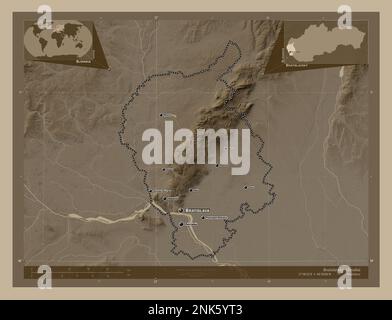 Bratislavsky, Region der Slowakei. Höhenplan in Sepia-Tönen mit Seen und Flüssen. Standorte und Namen der wichtigsten Städte der Region. Corne Stockfoto