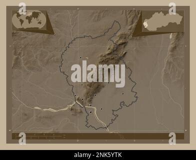 Bratislavsky, Region der Slowakei. Höhenplan in Sepia-Tönen mit Seen und Flüssen. Standorte der wichtigsten Städte der Region. Ecke zusatzgeräte Stockfoto