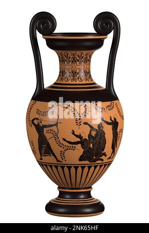Antike antike griechische Weinvase mit schlängelndem Muster und Ziergegenstand isoliert auf weißem Hintergrund. Mythologische Verschwörung von Odysseus gegen die Verehrer von P. Stockfoto