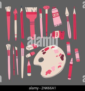Großes Set mit verschiedenen Zeichenwerkzeugen. Kunstbedarf in Pink. Vektorgrafiken für Design. Stock Vektor