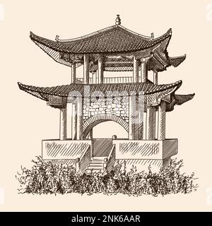 Traditionelle chinesische Pagode mit doppelt gefliestem Dach. Schnelle Skizze für Strichzeichnungen Stock Vektor
