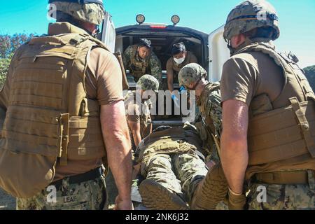 PORT HUENEME, Kalifornien (11. August 2022) Liter-Träger, die dem mobilen Naval Construction Battalion (NMCB) 18 zugeteilt sind, heben während der Feldübungsübung (FTX) des NMCB 18 das verletzte Personal in einen Krankenwagen. Die FTX dient der Analyse der Baukapazitäten eines Bataillons, der Expeditionslogistik und der Kampfoperationen zur Unterstützung größerer Kampfeinsätze, der Katastrophenbewältigung und der humanitären Hilfe. Stockfoto