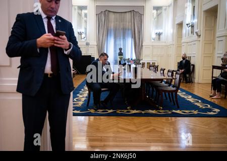 Griechenland, Athen auf 2023-02-21. US-Außenminister, Leiter des Außenministeriums, Antony J. Blinken, auch bekannt als Tony Blinken, vi Stockfoto