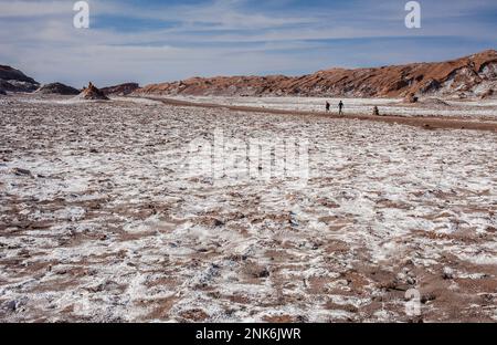 Straße über Valle de la Luna (Tal des Mondes) und Salz auf dem Boden abgelagert, Atacama Wüste. Region Antofagasta. Chile Stockfoto