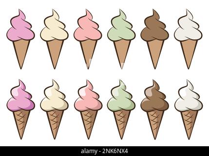 Eiscreme – Set aus Softeis mit verschiedenen Geschmacksrichtungen in einer Kegel, Farbvektordarstellung isoliert auf Weiß Stock Vektor