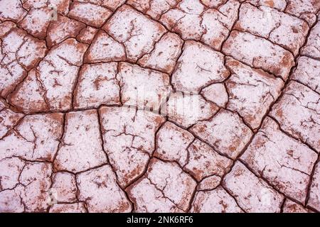 Detail, trockene rissige Boden und Salz, im Valle De La Muerte (Tal des Todes), Atacama-Wüste. Region de Antofagasta. Chile Stockfoto