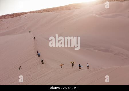 Sand Boarden in den Dünen, in Duna Bürgermeister (größere Düne), im Valle De La Muerte (Tal des Todes), Atacama-Wüste. Region de Antofagasta. Chile Stockfoto