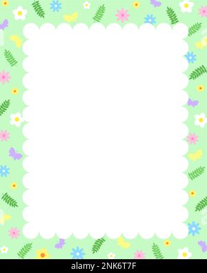 Frühlingsferien Kartenvorlage Cover Design dekoriert mit einfachen Bildblumen, Schmetterlingen, Blättern, rechteckiger Rahmen für Ostereinladungen Stock Vektor