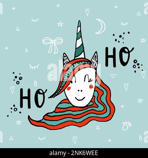 Handgezeichnetes Einhorn mit Schriftzug Ho-Ho.Vektordarstellung. Frohe weihnachten und Frohes neues Jahr. Weihnachtsgrußkartendruck Stock Vektor