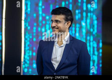 Dhaka, Bangladesch. 23. Februar 2023. Die indische Cricket-Legende Saurav Ganguly ist während des großen Startprogramms des Dhaka North City Corporation Mayor Cup 2023 als Hauptgast zu sehen. Saurav Ganguly, allgemein bekannt als Dada, besuchte Dhaka als Hauptgast, den ehemaligen indischen Kapitän und Kontrollausschuss für Cricket in Indien, um an dem großartigen Startprogramm des Dhaka North City Corporation Mayor Cup 2023 teilzunehmen. Kredit: SOPA Images Limited/Alamy Live News Stockfoto