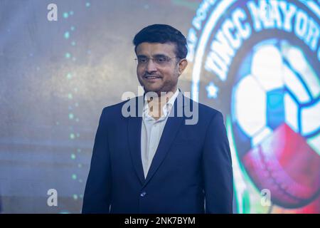 Dhaka, Bangladesch. 23. Februar 2023. Die indische Cricket-Legende Saurav Ganguly ist während des großen Startprogramms des Dhaka North City Corporation Mayor Cup 2023 als Hauptgast zu sehen. Saurav Ganguly, allgemein bekannt als Dada, besuchte Dhaka als Hauptgast, den ehemaligen indischen Kapitän und Kontrollausschuss für Cricket in Indien, um an dem großartigen Startprogramm des Dhaka North City Corporation Mayor Cup 2023 teilzunehmen. Kredit: SOPA Images Limited/Alamy Live News Stockfoto