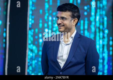 Dhaka, Bangladesch. 23. Februar 2023. Die indische Cricket-Legende Saurav Ganguly ist während des großen Startprogramms des Dhaka North City Corporation Mayor Cup 2023 als Hauptgast zu sehen. Saurav Ganguly, allgemein bekannt als Dada, besuchte Dhaka als Hauptgast, den ehemaligen indischen Kapitän und Kontrollausschuss für Cricket in Indien, um an dem großartigen Startprogramm des Dhaka North City Corporation Mayor Cup 2023 teilzunehmen. Kredit: SOPA Images Limited/Alamy Live News Stockfoto