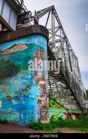 Historisches Wandgemälde auf der Bridge of the Gods bei Cascade Locks, Columbia River Gorge National Scenic Area, Oregon USA Stockfoto