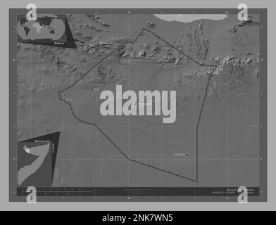 Maroodi Jeex, Region Somalia. Bilevel-Höhenkarte mit Seen und Flüssen. Standorte und Namen der wichtigsten Städte der Region. Ecke Zusatzanschluss Stockfoto