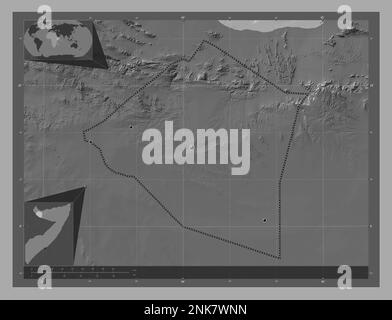 Maroodi Jeex, Region Somalia. Bilevel-Höhenkarte mit Seen und Flüssen. Standorte der wichtigsten Städte der Region. Eckkarten für zusätzliche Standorte Stockfoto