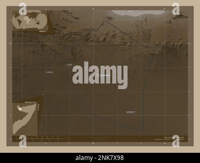 Maroodi Jeex, Region Somalia. Höhenplan in Sepia-Tönen mit Seen und Flüssen. Standorte und Namen der wichtigsten Städte der Region. Ecke Stockfoto