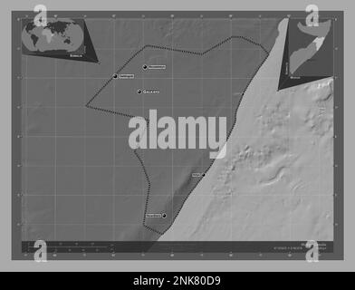 Mudug, Region Somalia. Bilevel-Höhenkarte mit Seen und Flüssen. Standorte und Namen der wichtigsten Städte der Region. Lage der Zusatzgeräte an der Ecke ma Stockfoto