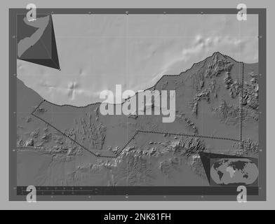 Sahil, Region Somalia. Bilevel-Höhenkarte mit Seen und Flüssen. Standorte der wichtigsten Städte der Region. Eckkarten für zusätzliche Standorte Stockfoto