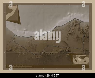 Sahil, Region Somalia. Höhenplan in Sepia-Tönen mit Seen und Flüssen. Standorte der wichtigsten Städte der Region. Zusätzliche Eckpunkte Stockfoto