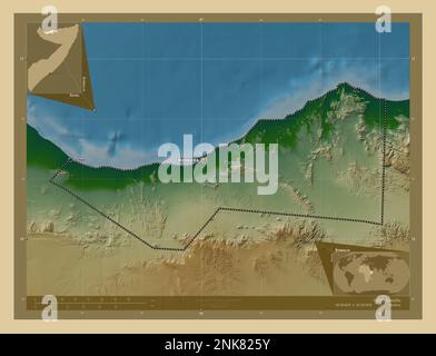 Sahil, Region Somalia. Farbige Höhenkarte mit Seen und Flüssen. Standorte und Namen der wichtigsten Städte der Region. Lage der Zusatzgeräte an der Ecke ma Stockfoto