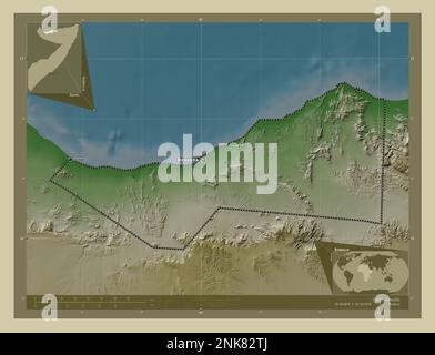 Sahil, Region Somalia. Höhenkarte im Wiki-Stil mit Seen und Flüssen. Standorte und Namen der wichtigsten Städte der Region. Ecken-Hilfsaggregat Stockfoto