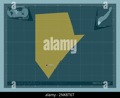 Jubbada Hoose, Region Somalia Festland. Durchgehende Farbform. Standorte und Namen der wichtigsten Städte der Region. Eckkarten für zusätzliche Standorte Stockfoto