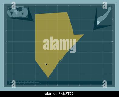 Jubbada Hoose, Region Somalia Festland. Durchgehende Farbform. Standorte der wichtigsten Städte der Region. Eckkarten für zusätzliche Standorte Stockfoto