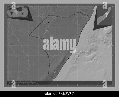 Mudug, Region Somalia Festland. Bilevel-Höhenkarte mit Seen und Flüssen. Standorte der wichtigsten Städte der Region. Lageplan für Corner Auxiliary Stockfoto