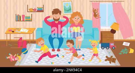 Kinder schlechtes Verhalten flache Komposition mit Laufkindern und gestressten Eltern Vektordarstellung Stock Vektor