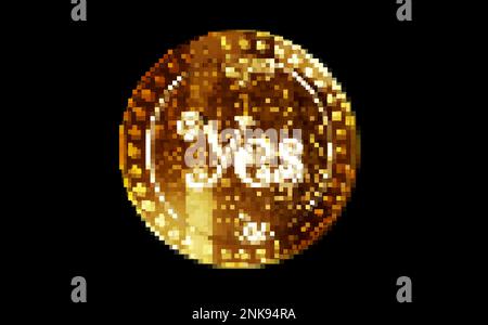„Ja“ oder „Nein“ – eine willkürliche Entscheidung und eine Goldmünze im Retro-Pixel-Mosaik-80s-Stil. Abbildung des abstrakten Konzepts „Rotating Golden Metal“ 3D. Stockfoto