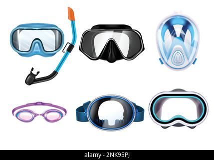 Set von Schnorchelmasken in verschiedenen Farben isoliert auf weißem Hintergrund realistische Vektordarstellung Stock Vektor