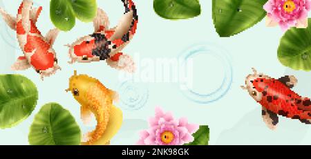 Realistische Zusammensetzung von Koi-Fischen mit Blick von oben auf den See mit Lotusblüten und bunten Fischen Vektordarstellung Stock Vektor