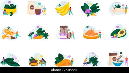 Magnesium foods flat icons set with healthy products and tiny people isolated on white background vector illustration Stock Vektor