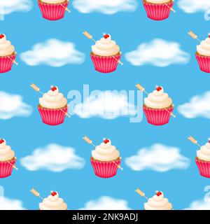 Flauschige Wolken auf blauem Hintergrund mit einem nahtlosen Muster köstlicher Cupcakes garniert mit Schlagsahne in einem pinkfarbenen, gebördelten Pappbecher, mit einem g durchbohrt Stock Vektor