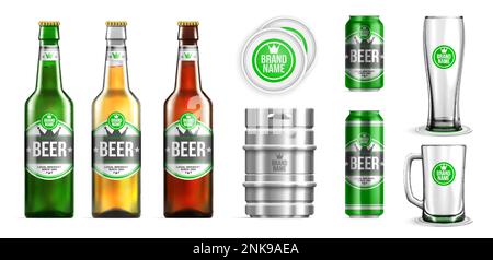 Ein realistisches Biermodell-Symbol stellt drei verschiedene Bierflaschen in verschiedenen Farben, Aluminiumdosen in zwei Größen, Gläser, Deckel und Bierfässer-Vektor-Illustratio zusammen Stock Vektor
