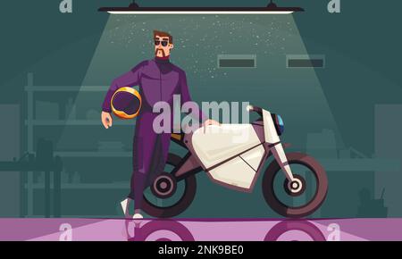 Motorrad-Cartoon-Poster mit coolem männlichen Biker in der Garage Stock Vektor