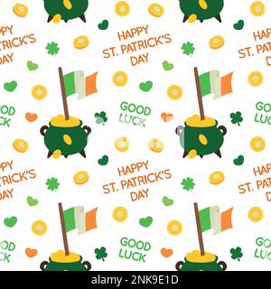 Farbenfroher Hintergrund mit sich wiederholenden Mustern aus Vektorgrafiken zum St. Patrick's Day. Stock Vektor