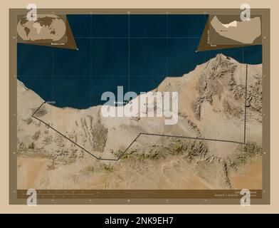 Sahil, Region Somaliland. Satellitenkarte mit niedriger Auflösung. Standorte und Namen der wichtigsten Städte der Region. Eckkarten für zusätzliche Standorte Stockfoto