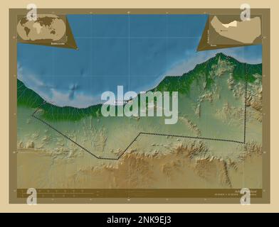 Sahil, Region Somaliland. Farbige Höhenkarte mit Seen und Flüssen. Standorte und Namen der wichtigsten Städte der Region. Lage der Zusatzgeräte an der Ecke Stockfoto