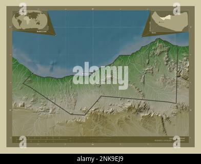 Sahil, Region Somaliland. Höhenkarte im Wiki-Stil mit Seen und Flüssen. Standorte und Namen der wichtigsten Städte der Region. Ecke Auxi Stockfoto