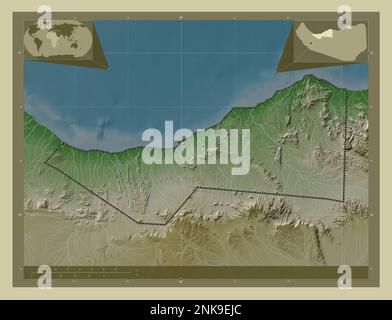 Sahil, Region Somaliland. Höhenkarte im Wiki-Stil mit Seen und Flüssen. Standorte der wichtigsten Städte der Region. Ecke Zusatzanschluss Stockfoto