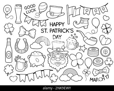 Set mit Vektorgrafiken zur Feier des St. Patrick's Day. Schwarz-weiße Umrisse zum Einfärben. Cartoon-Stil, handgezeichnete Elemente Stock Vektor