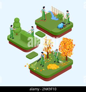 Professionelle Gartenarbeit isometrische Elemente wie Topiarbäume Rasenmähen Reinigung Herbstlaub isolierte Kompositionen Vektordarstellung Stock Vektor